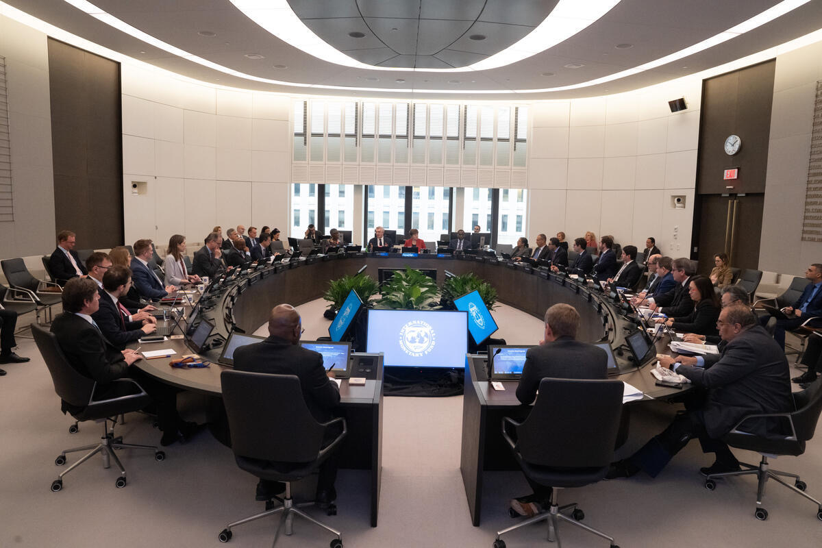 Participants seated around a conference table at the International Monetary Fund.
